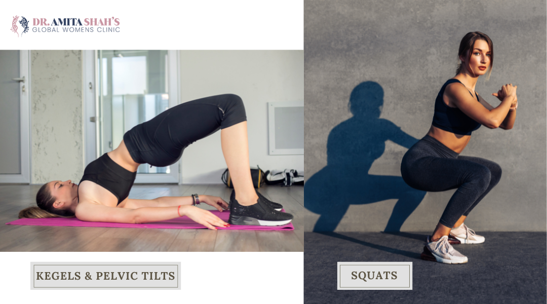 Woman practicing Kegel exercises for natural vaginal tightening, Pelvic strengthening squats for tightening vagina naturally, Pelvic tilt exercise to improve vaginal muscle strength